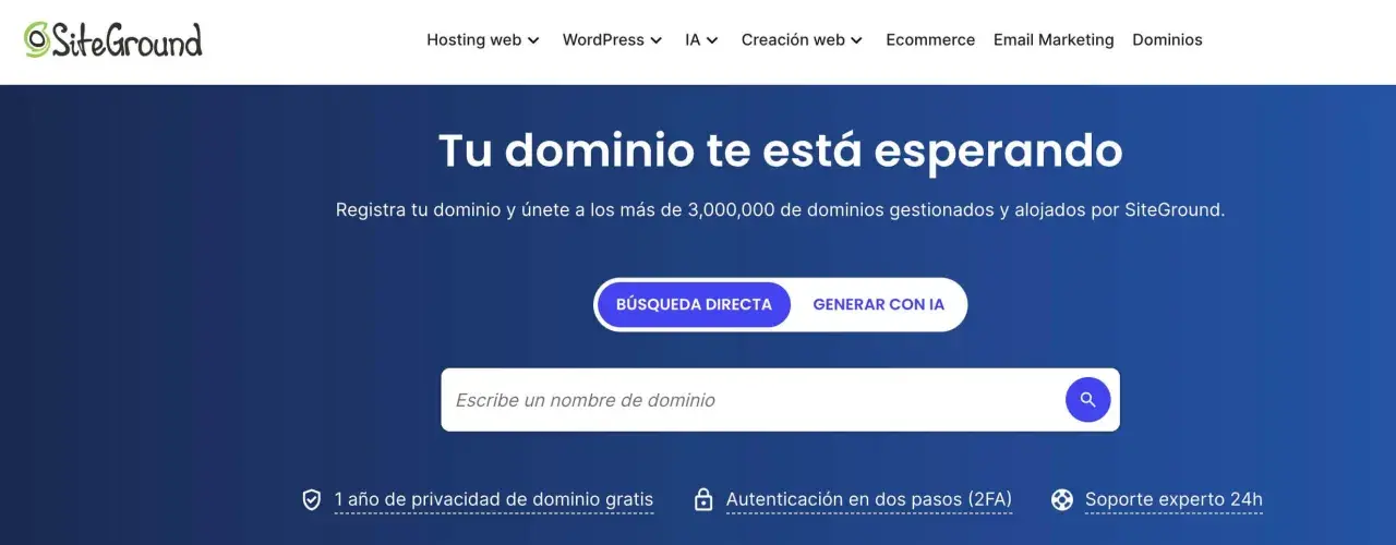 Tu dominio te espera. Usa la IA para crear dominio o búscalo directamente. Más de 3 millones de dominios gestionados por SiteGround.