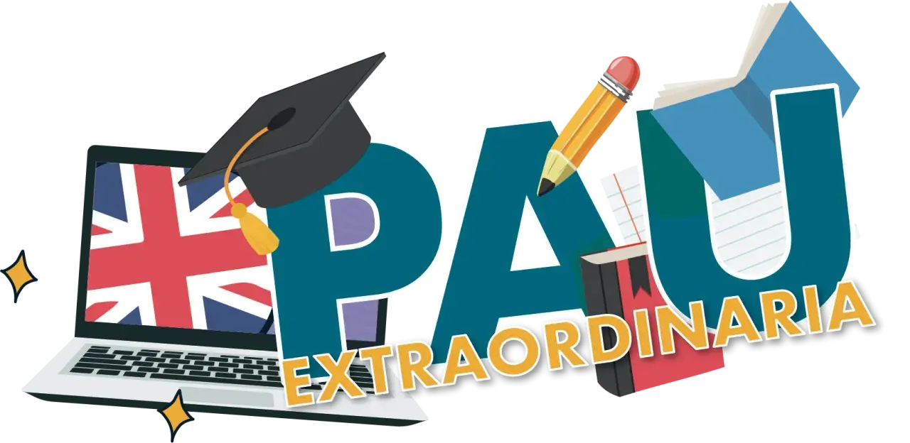 ¡Prepárate para el examen selectividad inglés! Un portátil con la Union Jack, birrete, libros y un lápiz gigante forman la palabra PAU EXTRAORDINARIA.