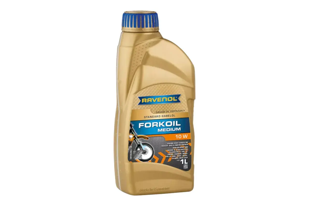 Złota butelka oleju do lag motocyklowych Ravenol Forkoil Medium 10W.