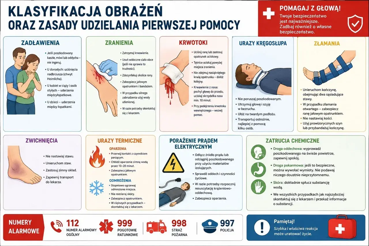 Pierwsza pomoc: zadławienia, zranienia, krwotoki, urazy kręgosłupa, złamania, zatrucia. W przypadku krwotoku uciskaj ranę, by zapobiec hipowolemii.