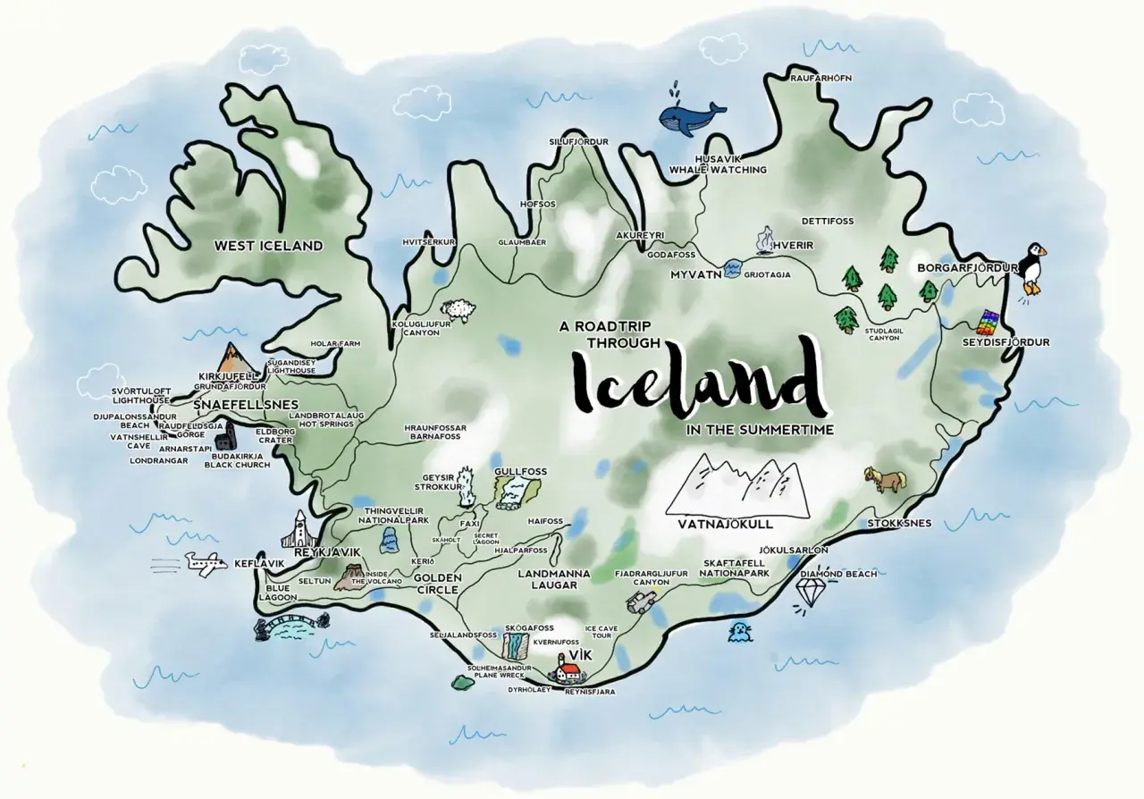 Eine Karte von Island mit vielen Sehenswürdigkeiten für einen Roadtrip.