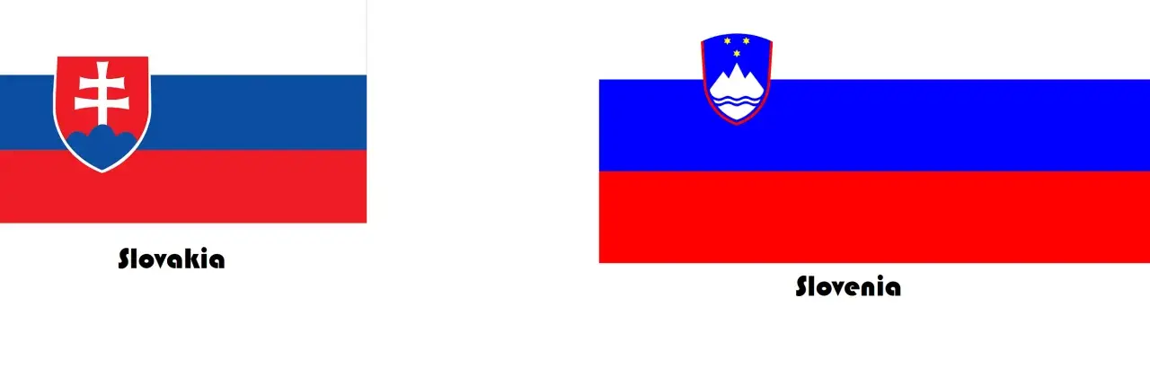 Flagi Słowacji i Słowenii. Oba kraje mają podobne barwy, ale różnią się herbami. 🇸🇰