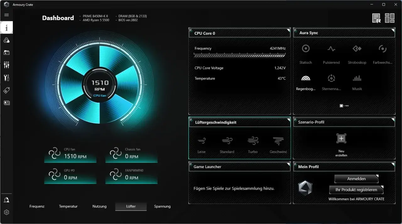 Armoury Crate Dashboard zeigt Lüftergeschwindigkeit des AMD Ryzen 5 5500 mit 1510 RPM.