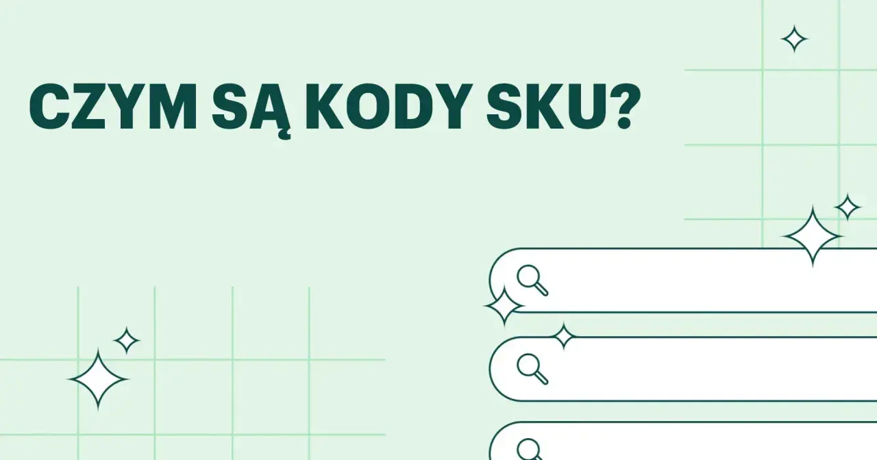 Czym są kody SKU? Grafika przedstawia pytanie o kody SKU, z ikonami wyszukiwania i błyszczącymi elementami.