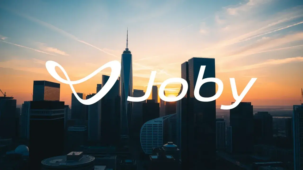 Sonnenuntergang über einer Skyline mit dem Schriftzug "Joby". Die Joby Aviation Aktie könnte bald abheben.