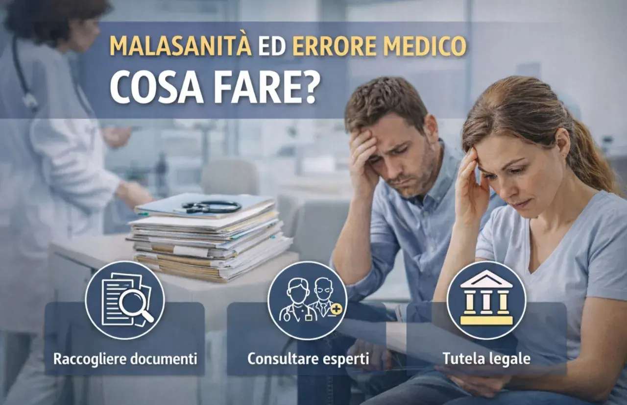 Coppia preoccupata per malasanità ed errore medico. Tre icone: raccogliere documenti, consultare esperti, tutela legale.