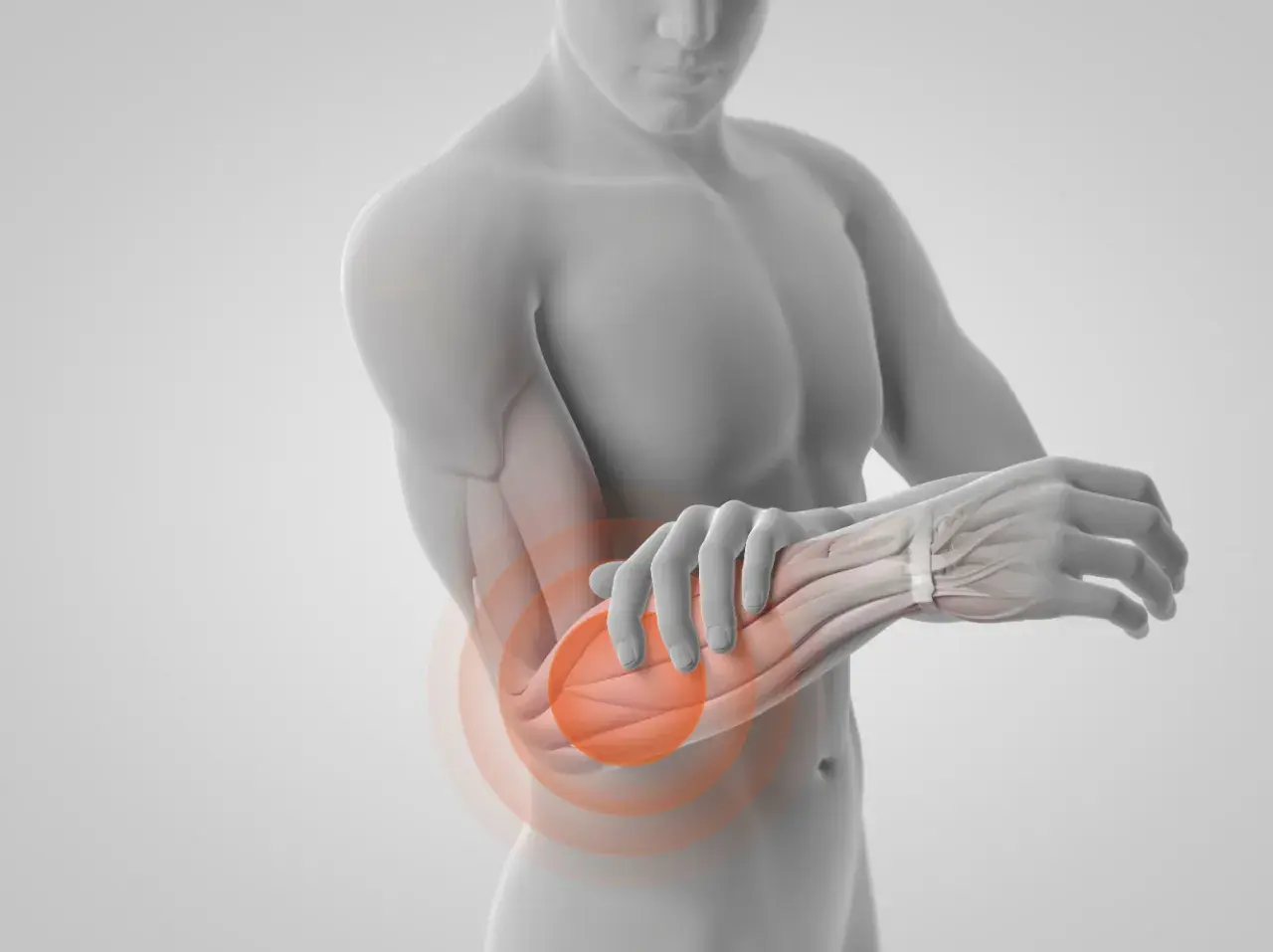 En man håller sin armbåge där muskler underarm visas med smärtcirklar.