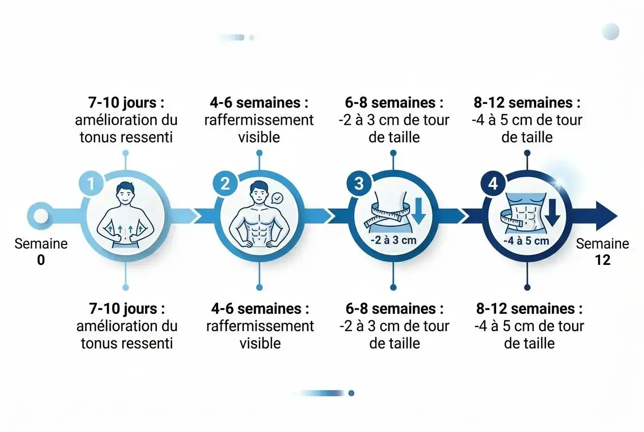 Progression de la perte de centimètres de tour de taille sur 12 semaines. Un contrôle chronotachygraphe de la durée des effets est visible.