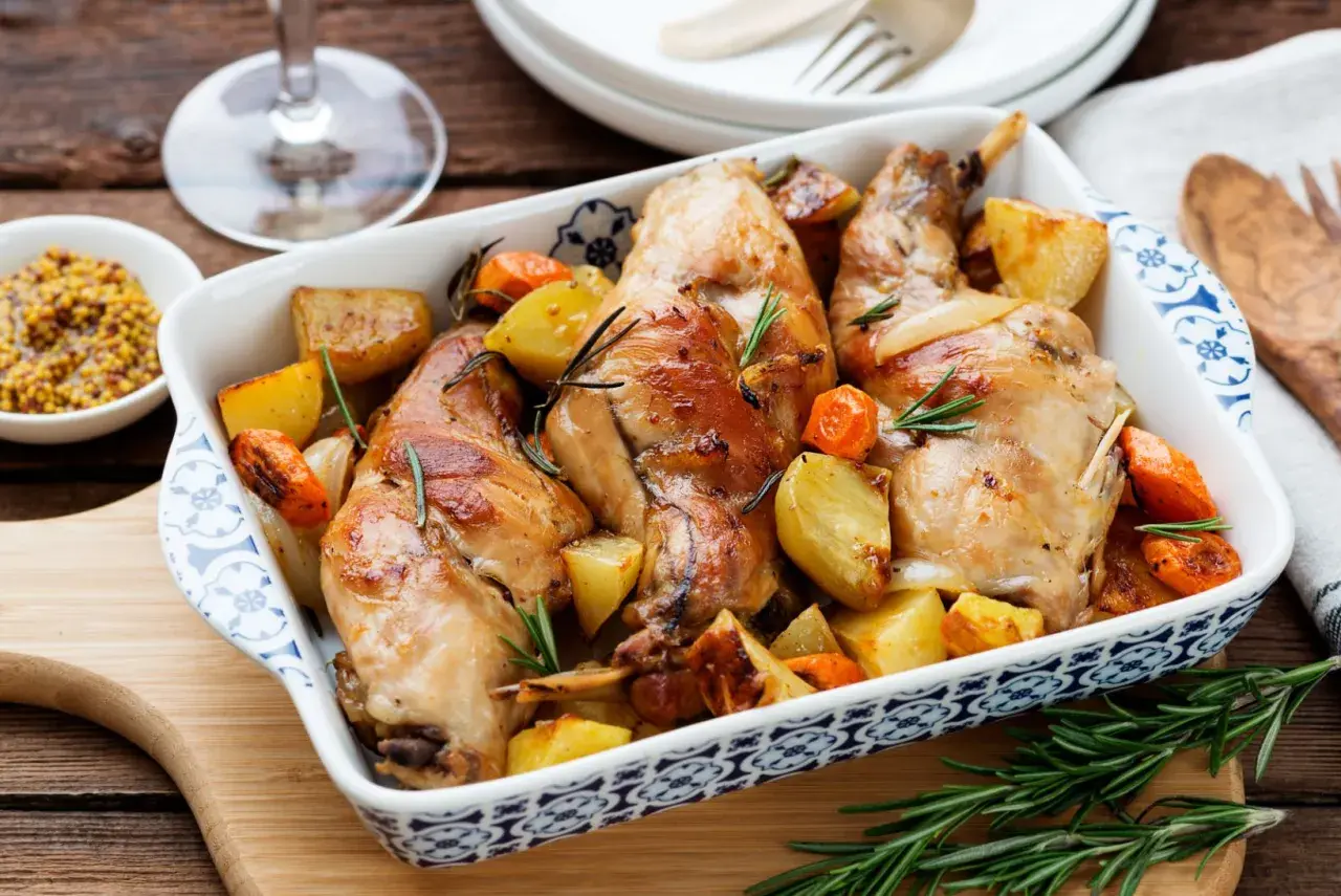 Coniglio al forno dorato con patate e carote, profumato al rosmarino, servito in una pirofila decorata.