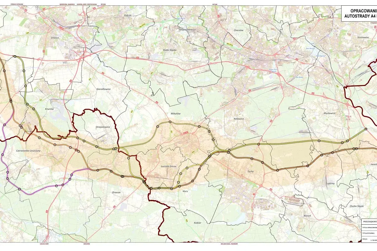 Mapa drogowa z zaznaczoną autostradą A4, pokazująca przebieg od Gliwic przez Zabrze, Katowice, Tychy aż po okolice Krakowa.