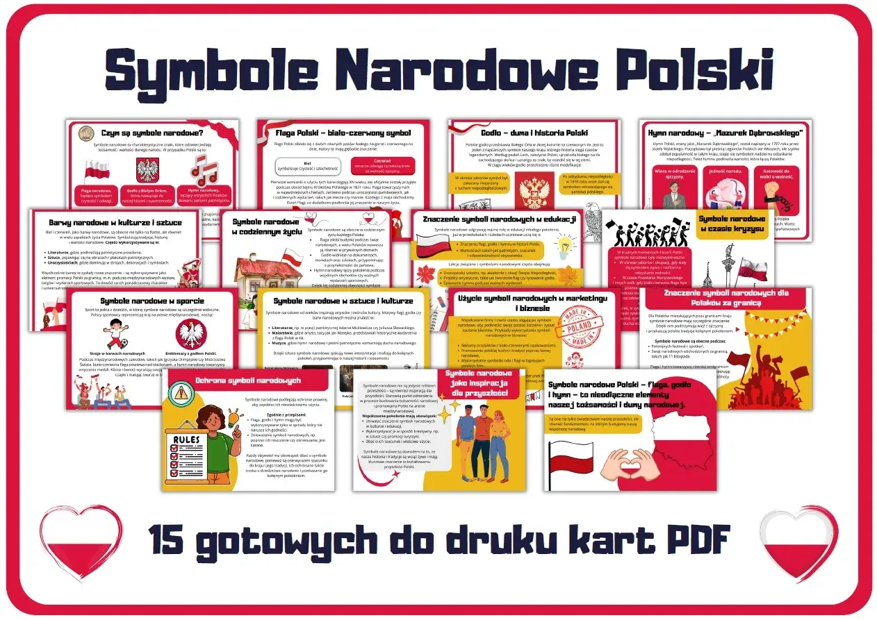 Plakat z polskimi symbolami narodowymi: flagą, godłem, hymnem i innymi.