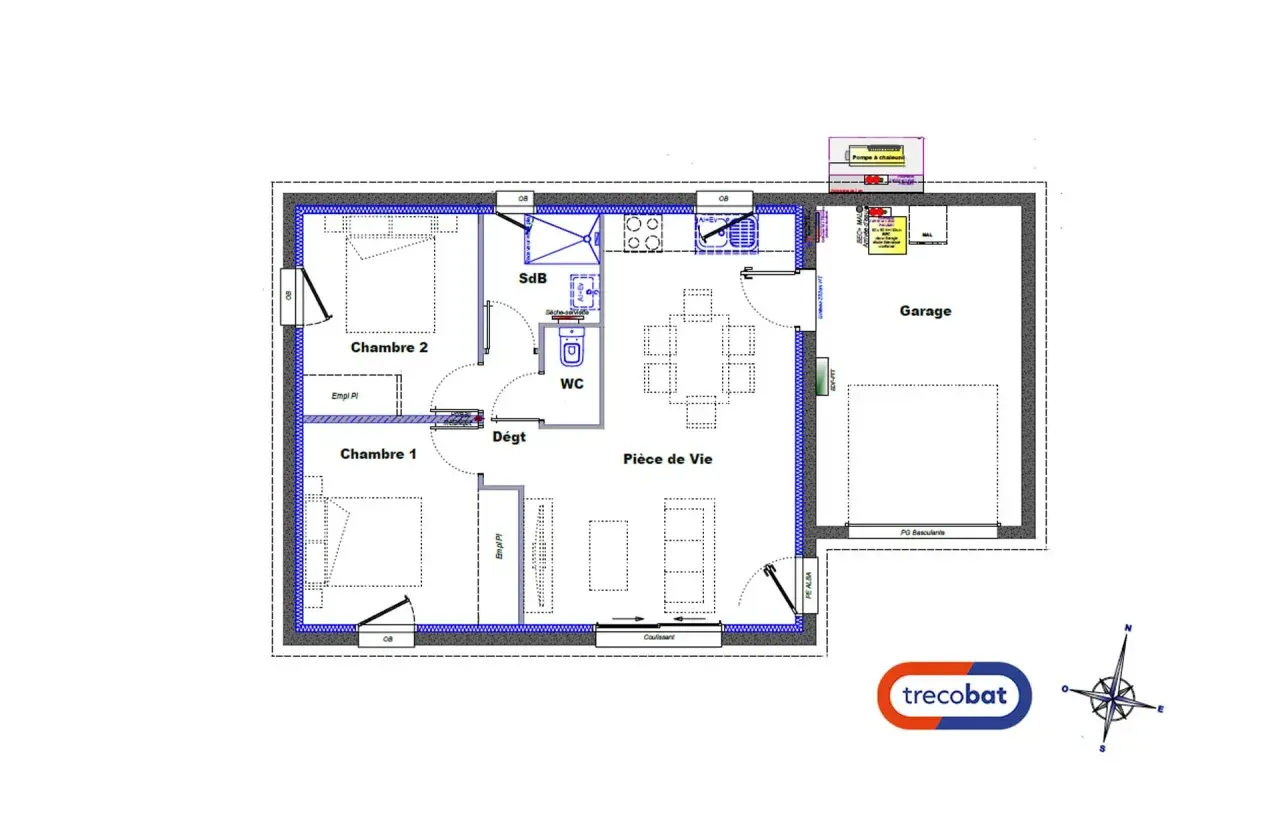 Plan de garage accolé à la maison, comprenant deux chambres, une pièce de vie, une salle de bain, un WC et un garage.