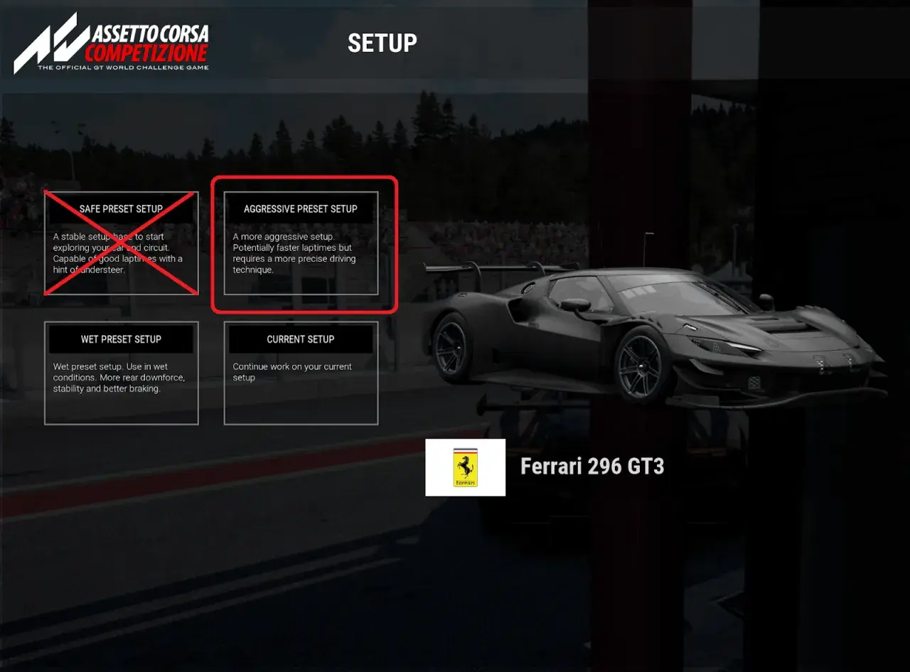 Menu de configuration pour Assetto Corsa : choix entre setup agressif, sûr, pluie ou actuel pour la Ferrari 296 GT3.