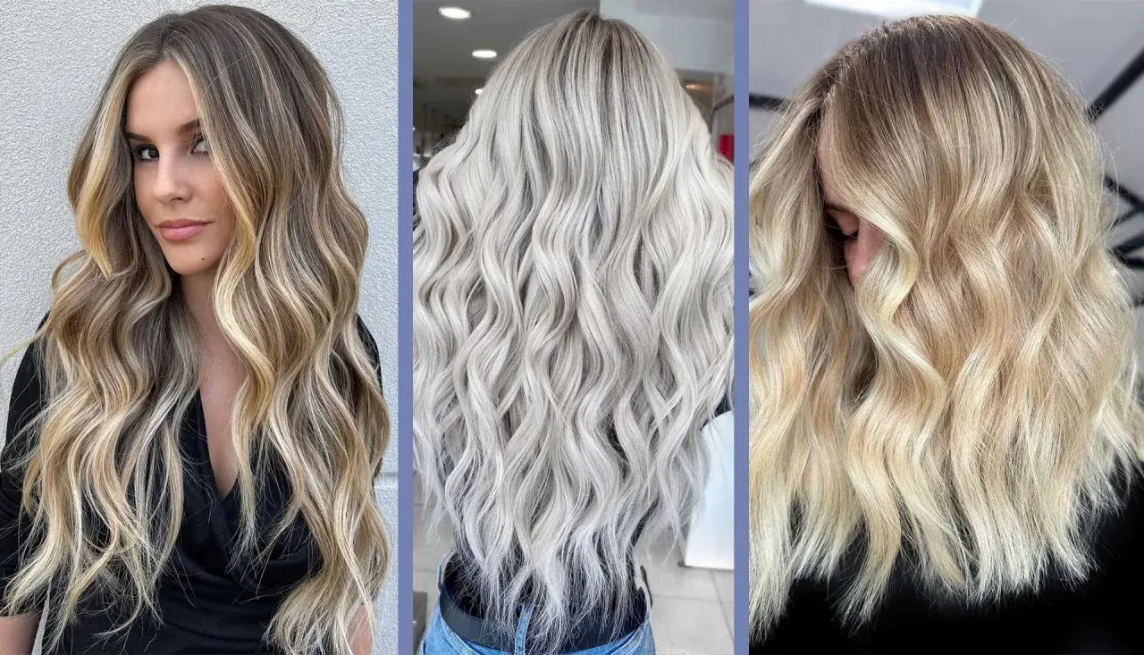 Tre acconciature con capelli beach waves: biondo cenere, biondo miele e castano con riflessi dorati.