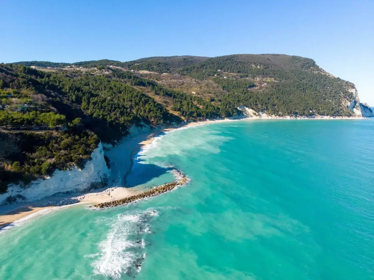 Spiaggia di Numana con scogliere bianche, mare turchese e pineta. Ecco cosa vedere a Numana per un panorama mozzafiato.