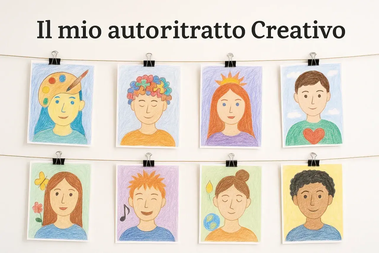 Otto disegni colorati di bambini, ognuno con un simbolo che rappresenta la sua personalità. Un autoritratto creativo di idee e sogni.