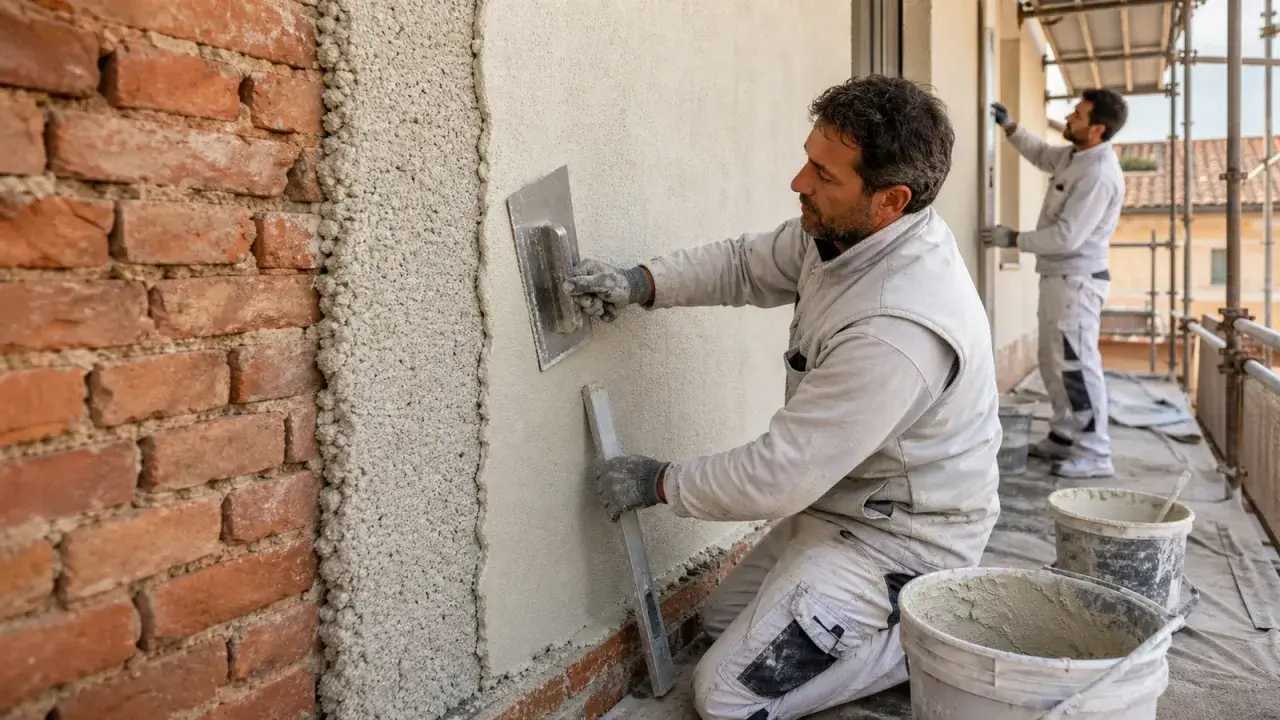 Muratori al lavoro su un'impalcatura, uno stende l'intonaco su un muro di mattoni. Dopo l'intonaco posso pitturare.
