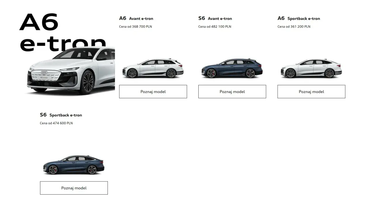 Audi A6 e-tron i S6 Sportback e-tron w różnych wersjach nadwozia i kolorach. Wybierz swój wymarzony model Audi.