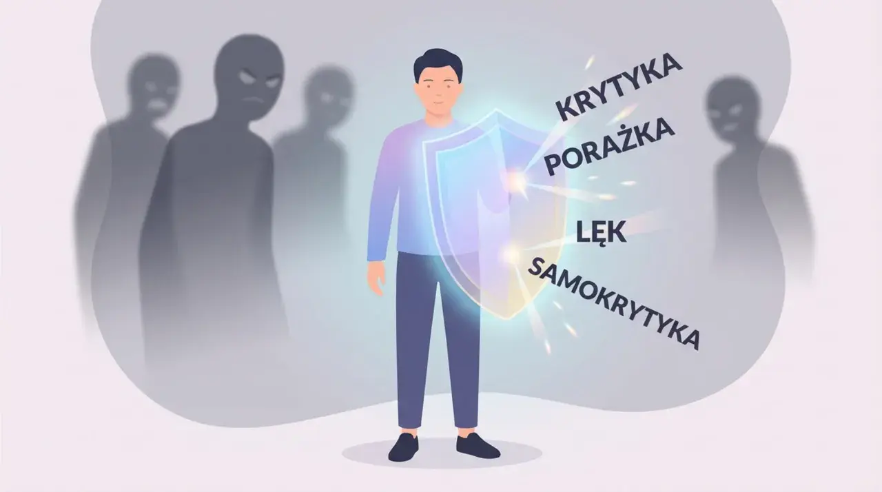 Mężczyzna z tarczą chroni się przed cieniami symbolizującymi krytykę, porażkę, lęk i samokrytykę. Brak cierpliwości w walce z nimi.