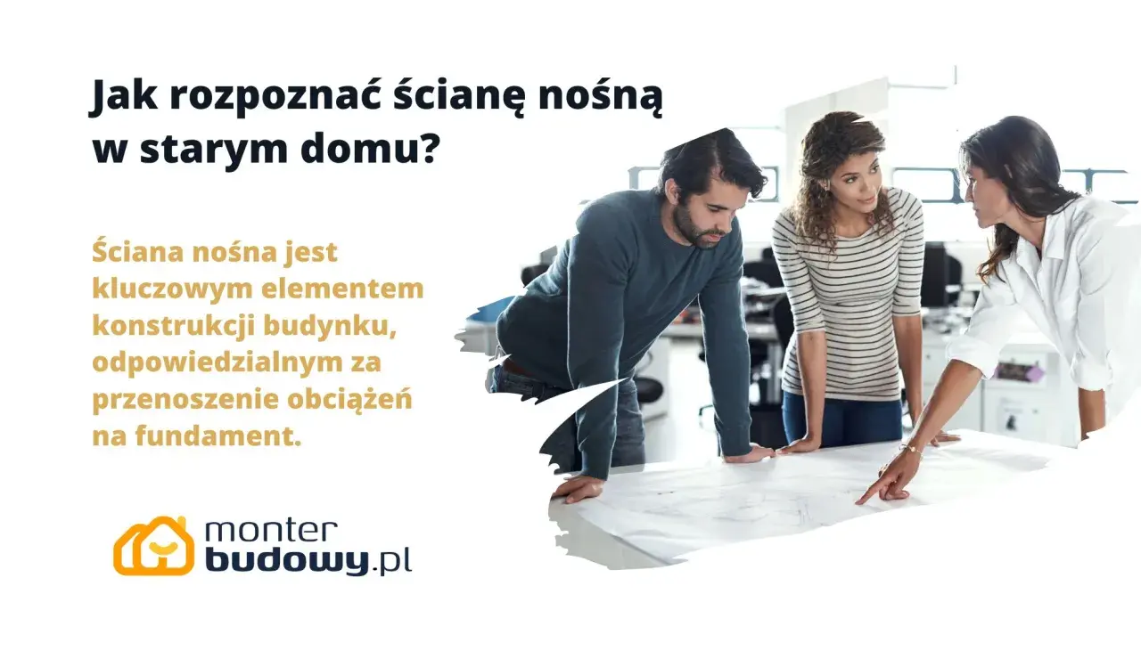 Jak rozpoznać ścianę nośną w starym domu? Trzy osoby analizują plany, by zrozumieć kluczowe elementy konstrukcji.