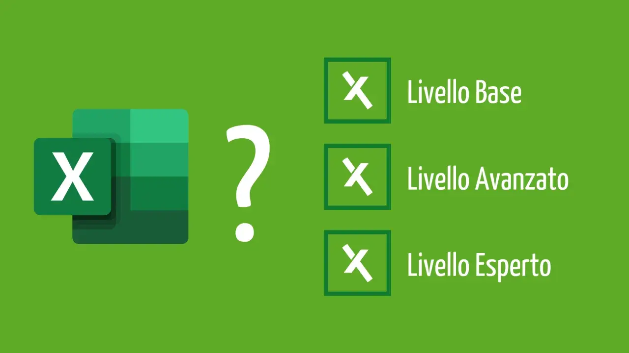 Logo Excel con punto interrogativo e opzioni: Base, Avanzato, Esperto. Test Excel avanzato con soluzioni.