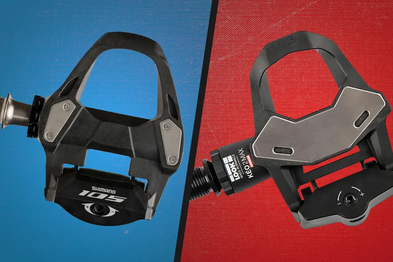 Comparing LOOK vs Shimano pedals: A close-up of a black Shimano 105 pedal on the left and a black LOOK KEO 2 MAX pedal on the right.
