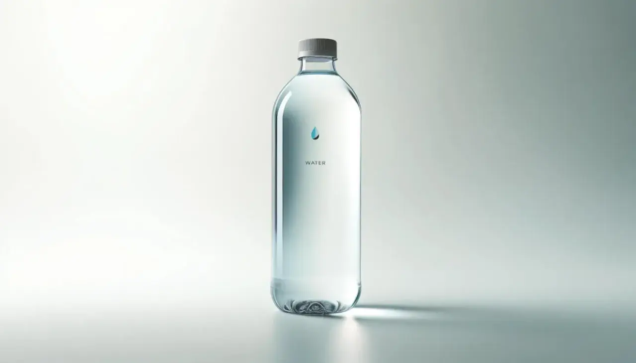 Przezroczysta butelka z wodą, z kroplą i napisem "WATER". Zastanawiasz się, ile waży litr wody?