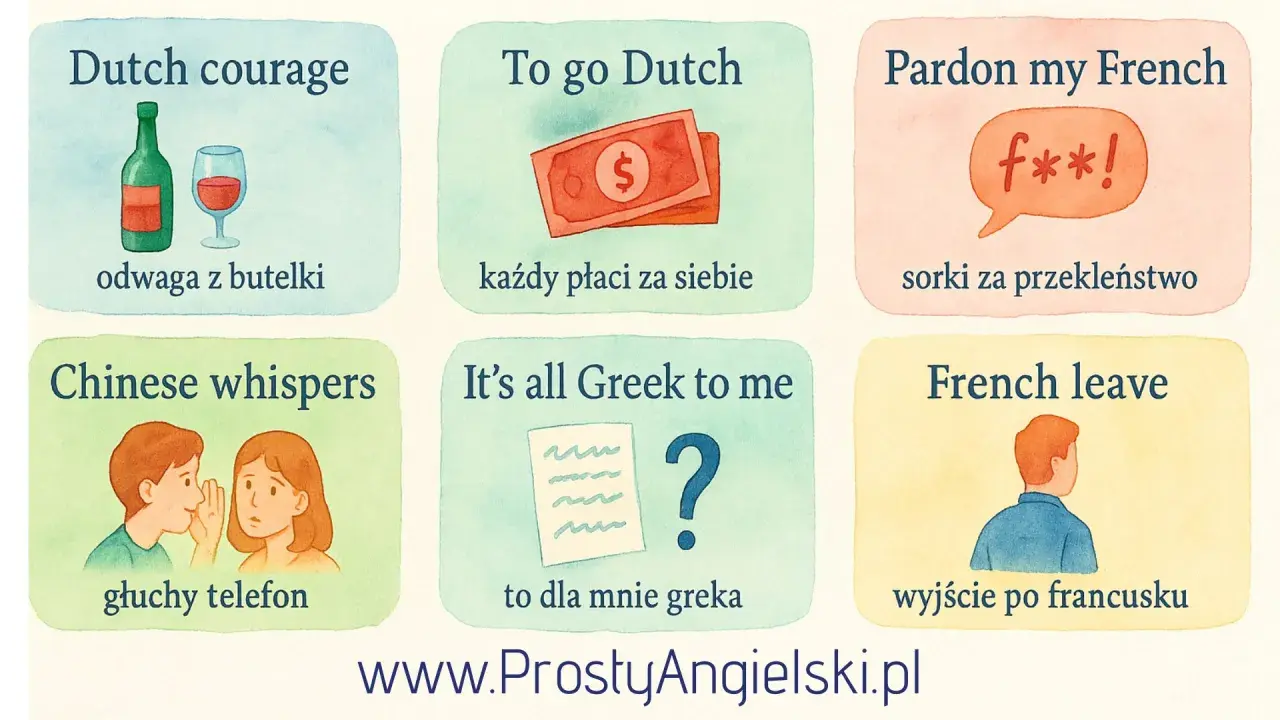 Ilustracja przedstawia angielskie powiedzenia: "Dutch courage", "To go Dutch", "Pardon my French", "Chinese whispers", "It's all Greek to me" i "French leave" wraz z polskimi tłumaczeniami.