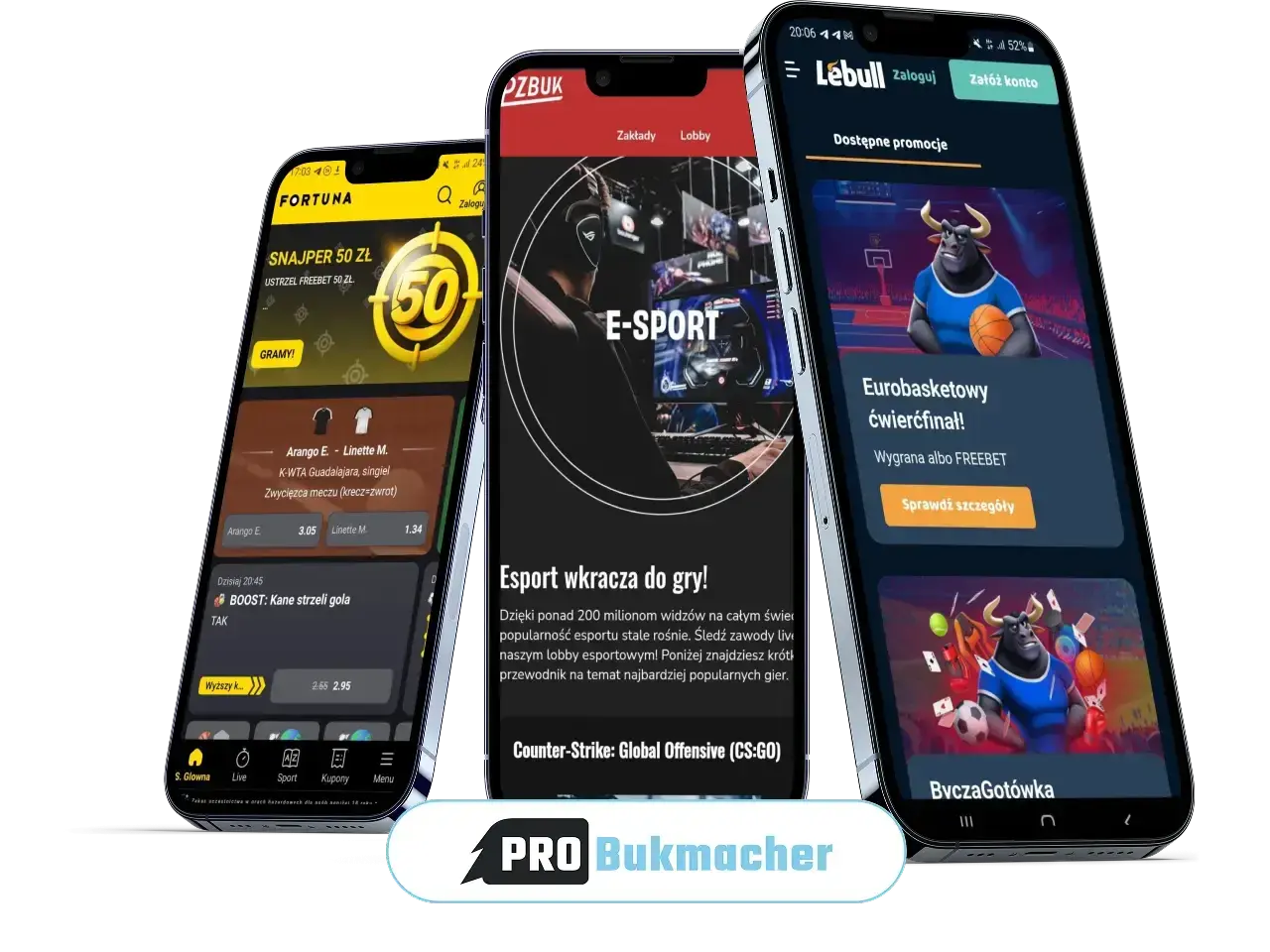 Trzy telefony z aplikacjami bukmacherskimi pokazują, co obstawiać u bukmachera: tenis, e-sport i koszykówkę.
