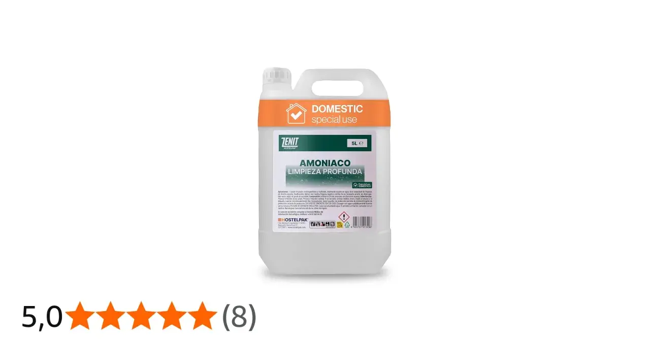 Envase de 5L de amoniaco para limpieza profunda. Este producto, que es soluble en agua, es ideal para múltiples superficies.