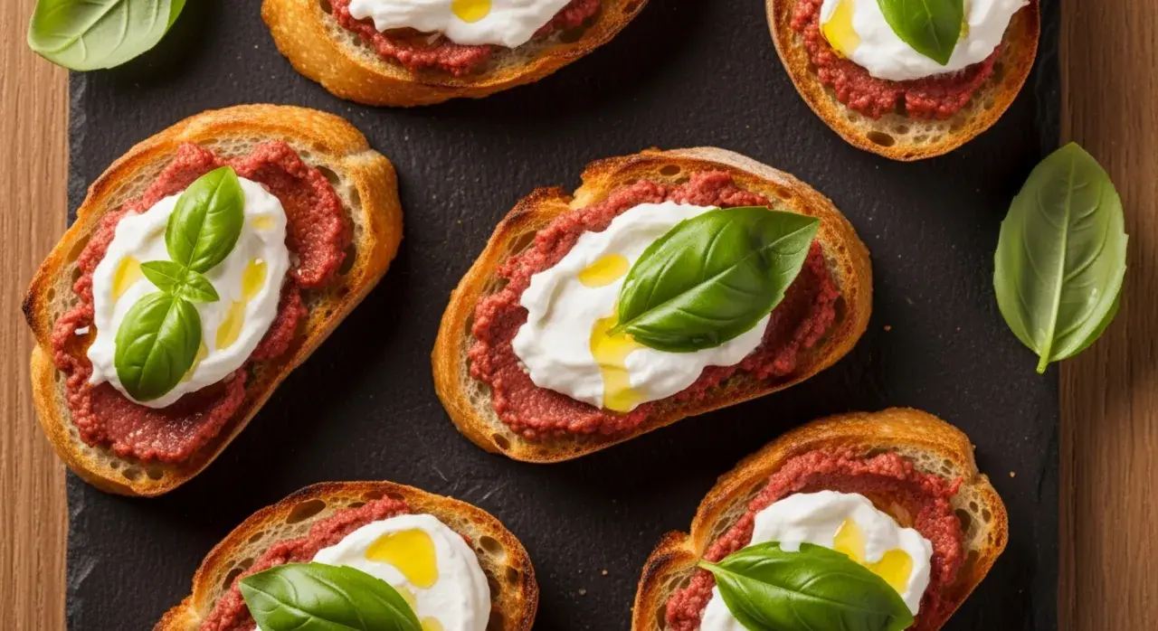 Chrupiące grzanki z kremowym serem, pikantną pastą (może nduja?) i świeżą bazylią. Pyszne, prawda?