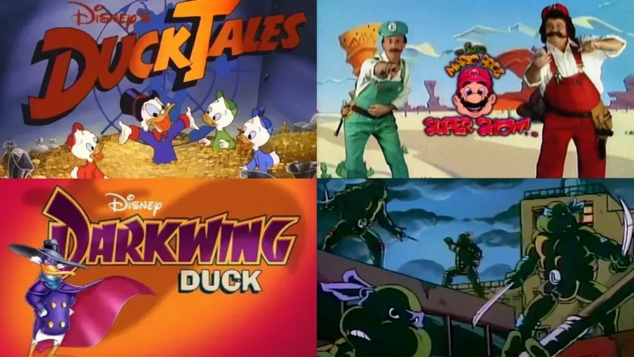 En collage med kända barnfilmer från 90-talet: DuckTales, Super Mario Bros. Super Show!, Darkwing Duck och Teenage Mutant Ninja Turtles.