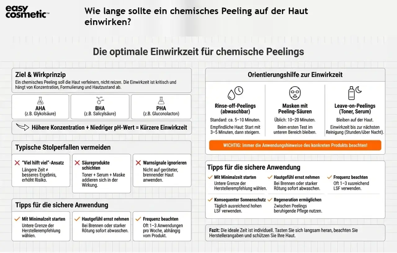 Chemische Peelings: Einwirkzeit richtet sich nach Konzentration, Formulierung & Haut. AHA, BHA, PHA sind gängig. Wichtig: Herstellerangaben beachten!
