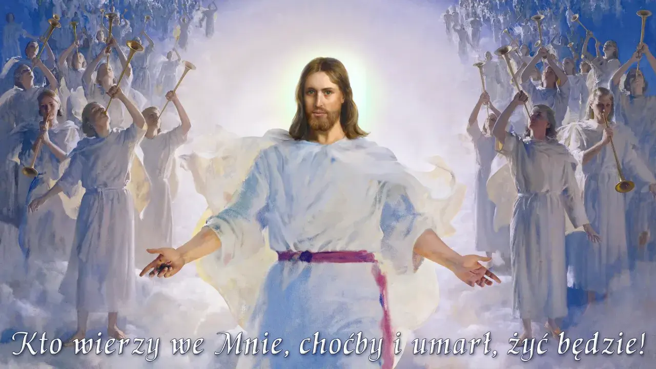 Jezus w otoczeniu aniołów grających na trąbach, zapraszający do życia wiecznego. Tak może wyglądać czyściec.
