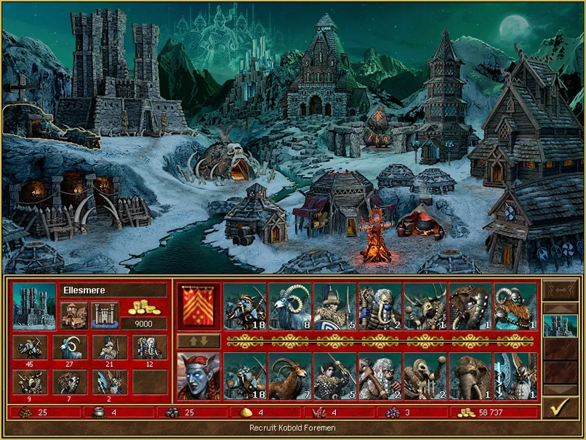 Nowy zamek Heroes 3 w zimowej scenerii. Widać budynki, wojska i zasoby.