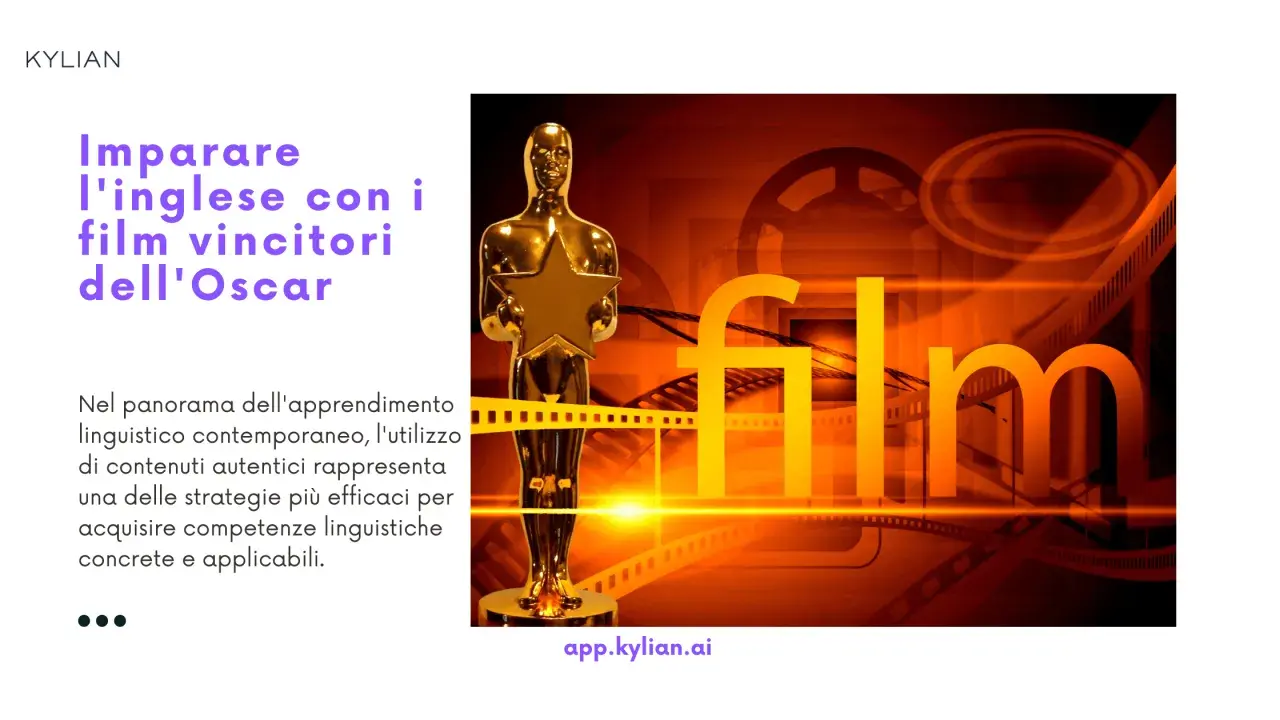 Statua dorata dell'Oscar con pellicola cinematografica e la parola "film". Impara l'inglese con film in inglese con sottotitoli in italiano.