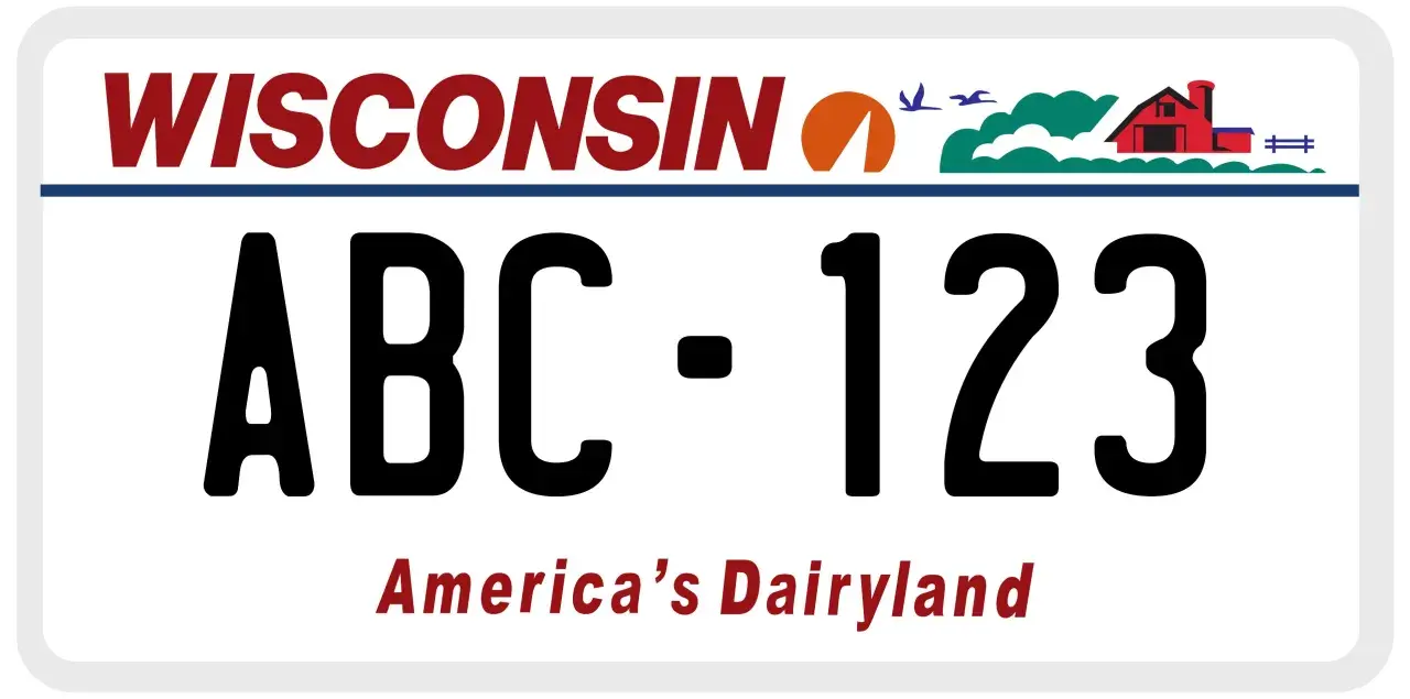 Tablica rejestracyjna Wisconsin z numerem ABC-123. W tle słońce, ptaki, chmury i czerwony dom. Wskaźnik w32.