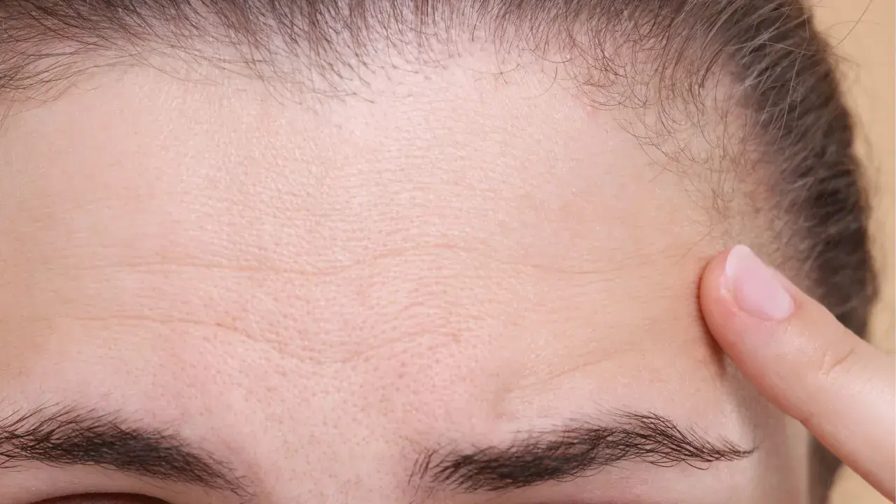 Primer plano de una frente con arrugas finas y una ceja poblada, casi una uniceja. Un dedo toca suavemente la piel.