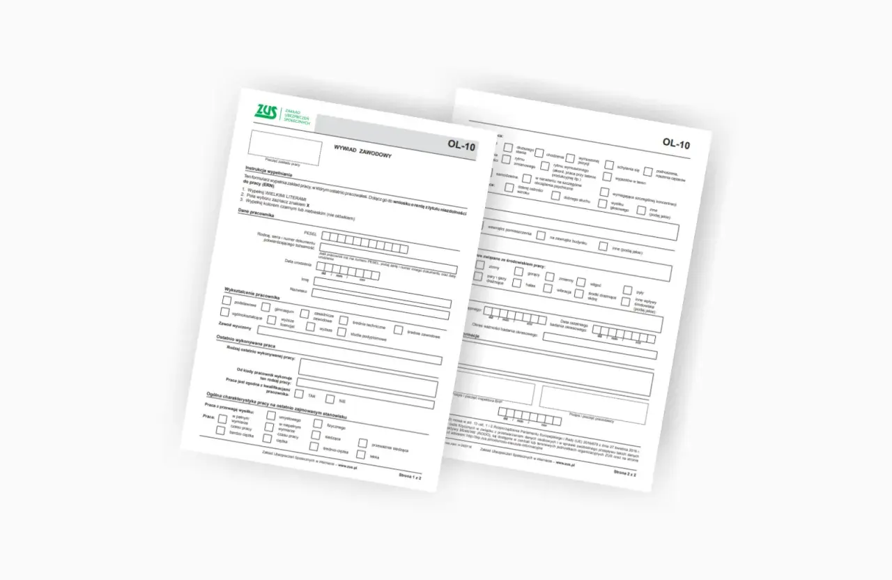 Formularz ZUS OL-10 z polami do wypełnienia, dotyczący wywiadu zawodowego.