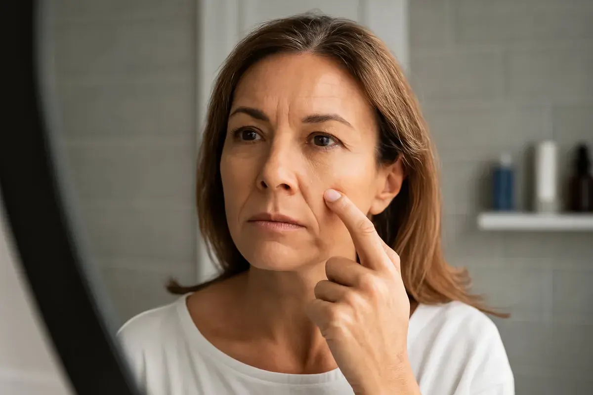 Mujer se toca la línea nasogeniana en el espejo, notando los signos del tiempo en su rostro.