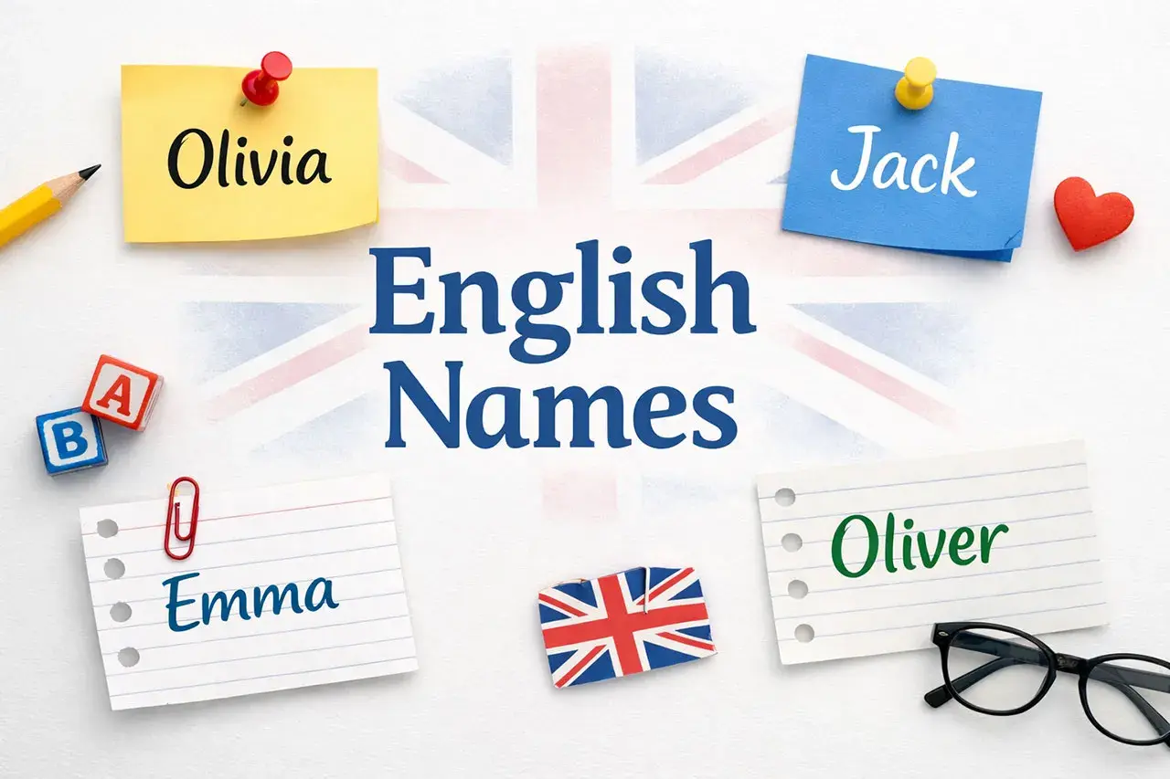 Olivia, Jack, Emma, Oliver – popularne angielskie imiona na tle flagi Wielkiej Brytanii.