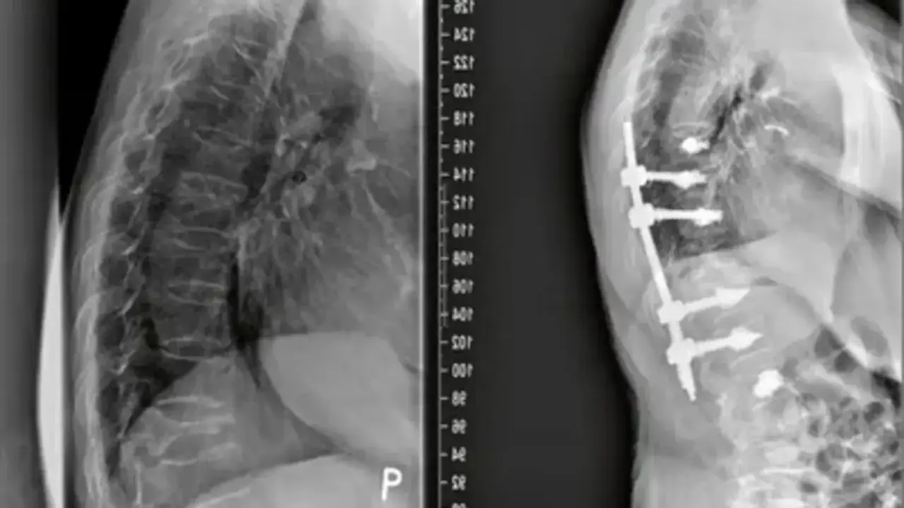 Rentgen kręgosłupa przed i po stabilizacji implantami.
