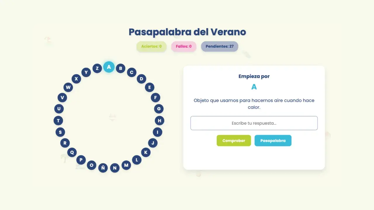 Juego "Pasapalabra del Verano". La letra A está seleccionada, la pista es "Objeto que usamos para hacernos aire cuando hace calor".