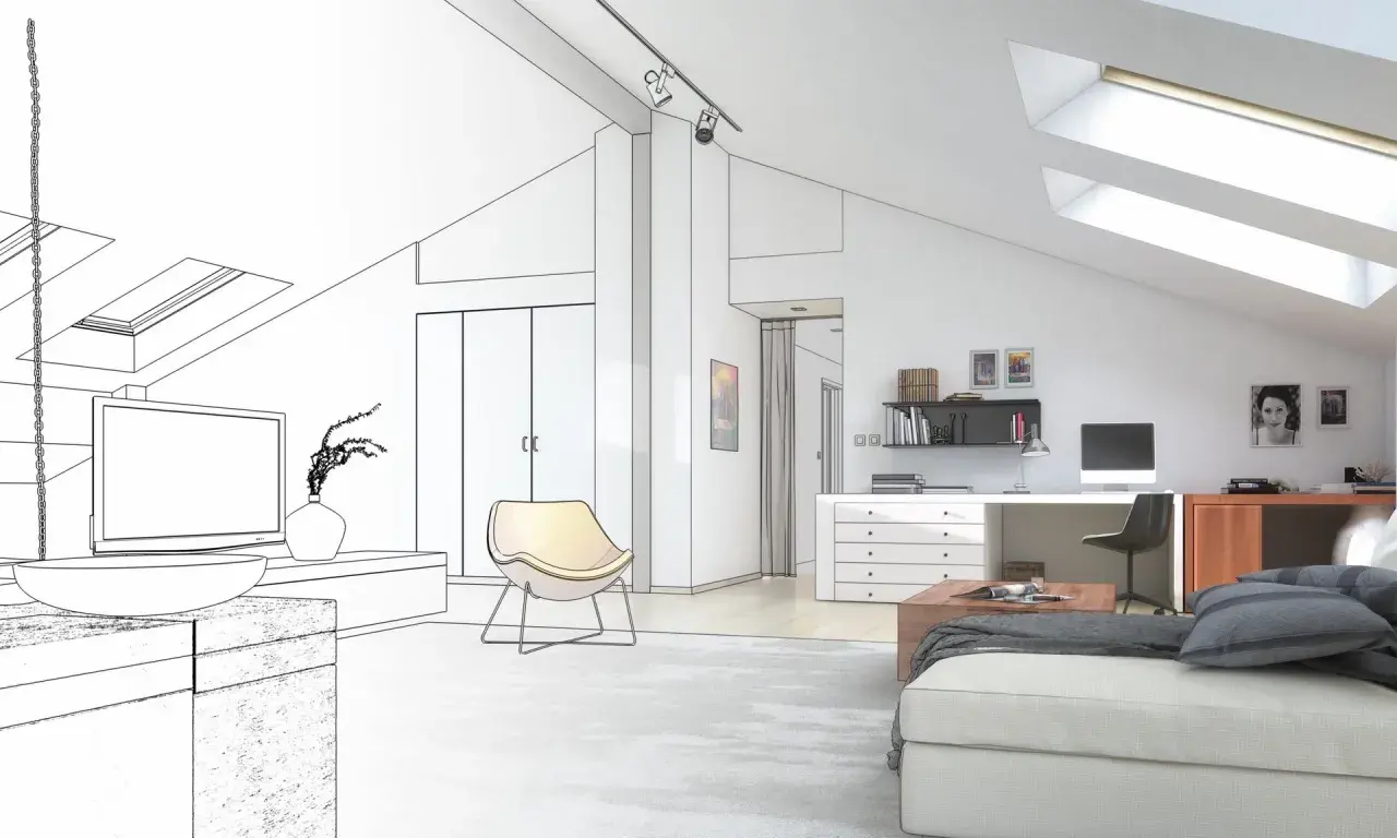 Idee per una camera da letto in mansarda: un ambiente moderno con scrivania, divano e lucernari.