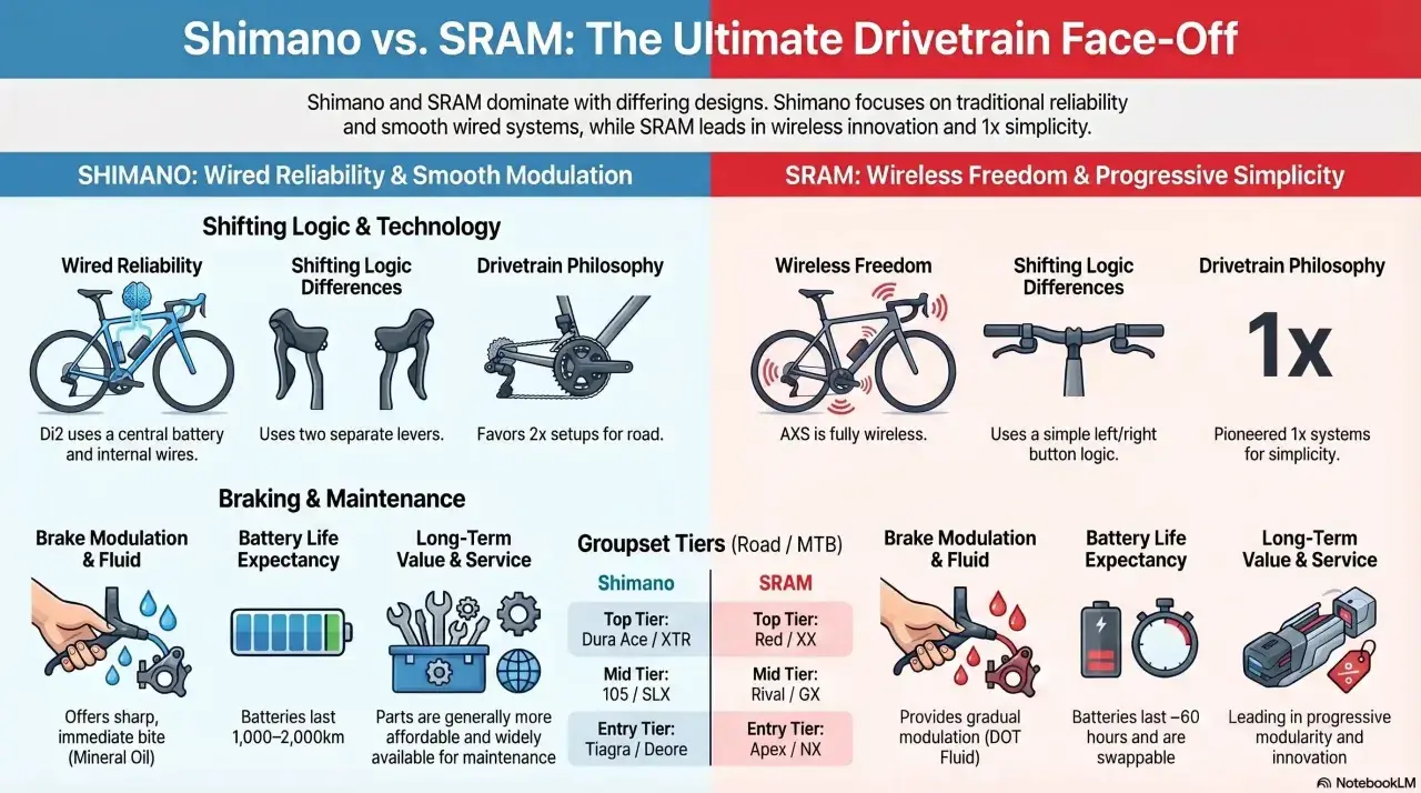 Shimano vs. SRAM: Wired reliability vs. wireless freedom. Infographic compares drivetrain features, logic, and tiers.