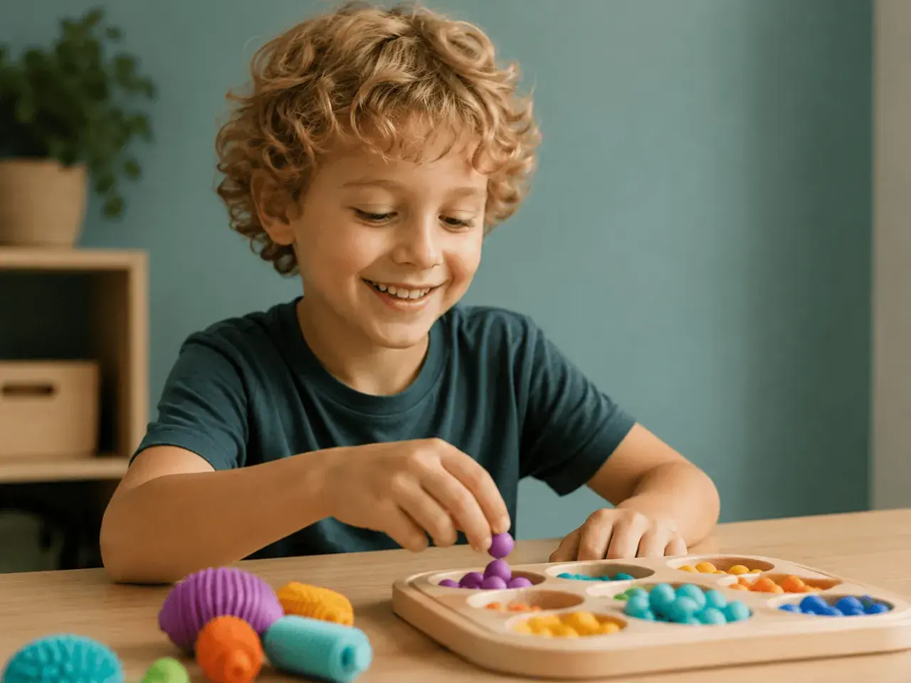 Lächelnder Junge mit Locken spielt konzentriert mit bunten Kugeln. Ein spielerischer Ansatz für den ADHS Unterricht, der Konzentration fördert.