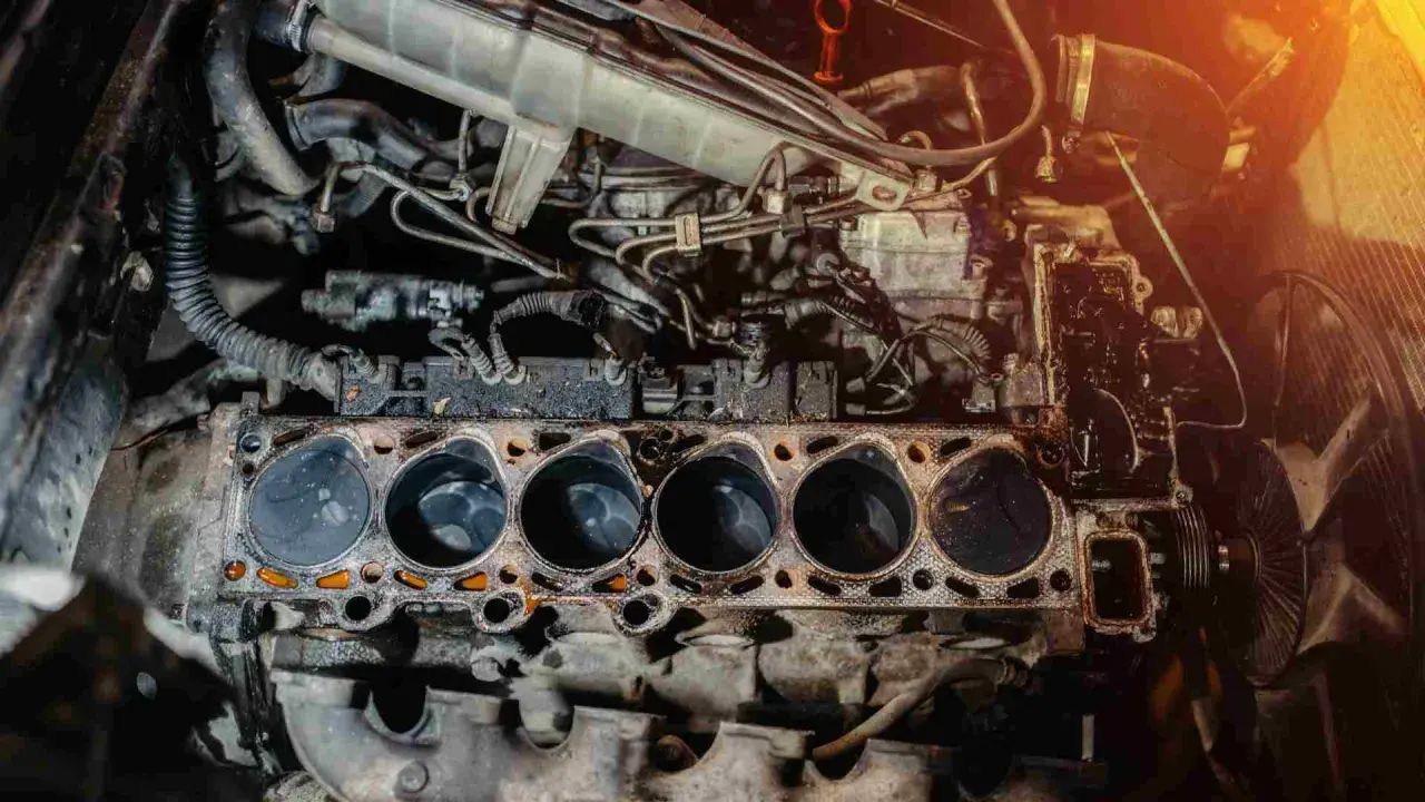 Motor de coche desarmado, mostrando los cilindros y la junta de culata. Una imagen útil para saber si un coche tiene culata dañada.