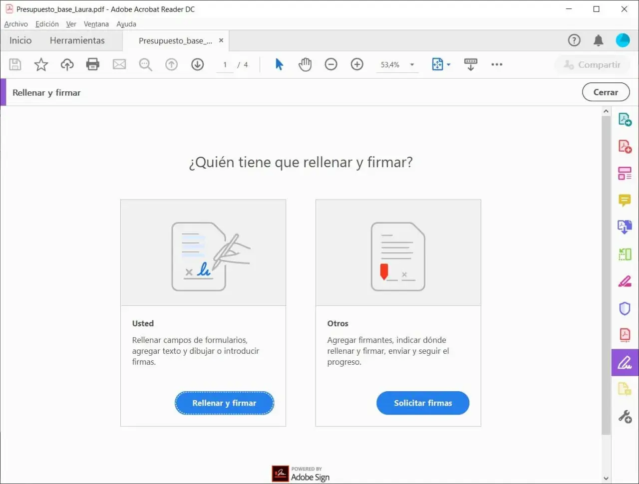 Interfaz de Adobe Acrobat Reader DC para rellenar y firmar documentos. Opción de "adobe firma digital gratis" para usted o para solicitar a otros.
