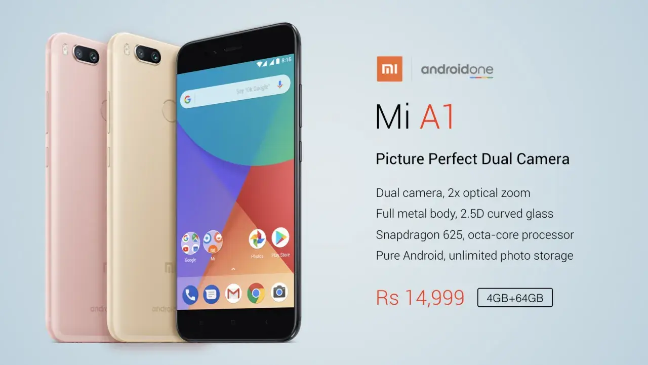 Trzy telefony Xiaomi Mi A1 w kolorach różowym, złotym i czarnym. Czarny model prezentuje ekran z ikonami.