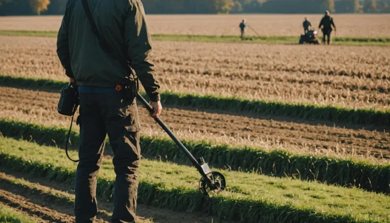 Mężczyzna z wykrywaczem metali przemierza pole. Czy można chodzić z wykrywaczem metali po swoim polu? Tak, jeśli masz pozwolenie.